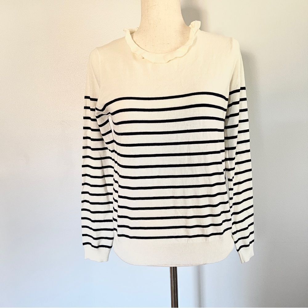 Bohme Navy Ivory Ruffle Collar Dainty Sweater Medium
